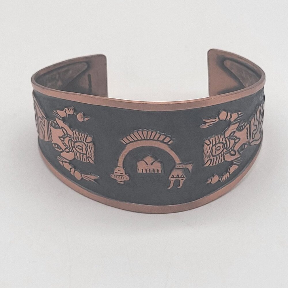 Copper Cuff Bracelet Etched Buffalo Dancer Rainbow Yei Design WM